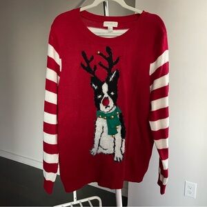 Red Reindeer Sweater with Striped Sleeves